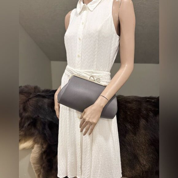 Gray Premium Cowhide Leather Handmade Bow Shaped Kisslock Baguette Bag/Crossbody - Picture 12 of 16